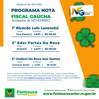 Ganhadores da Nota Fiscal Gaúcha do mês de Novembro de 2021